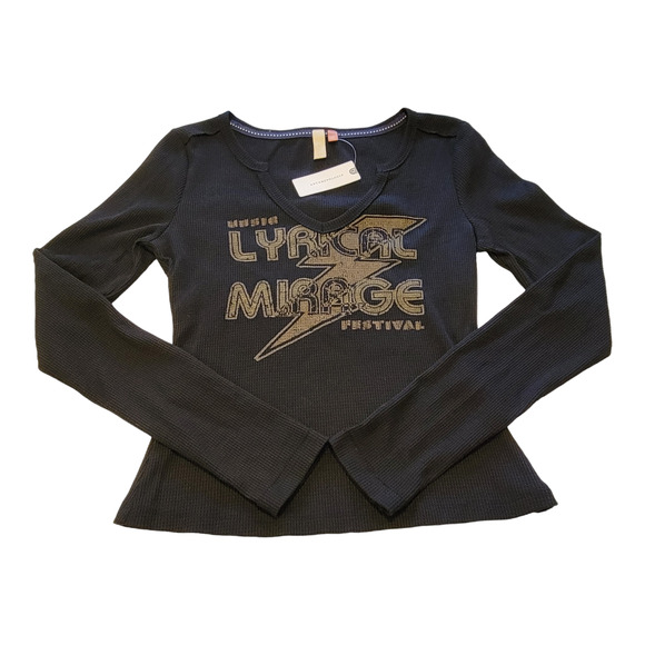 Pilcro Tops - Pilcro Waffle Knit Thermal Top Womens XS Black Notched Neck Lyrical Mirage Edgy